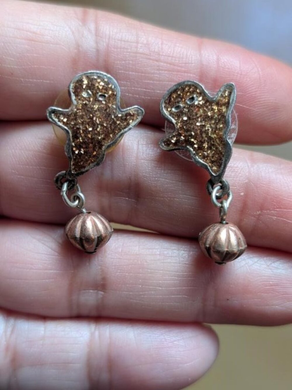 Rare Vintage Halloween Brown Glitter Enamel & Dangling Pumpkin Cupper  Earrings